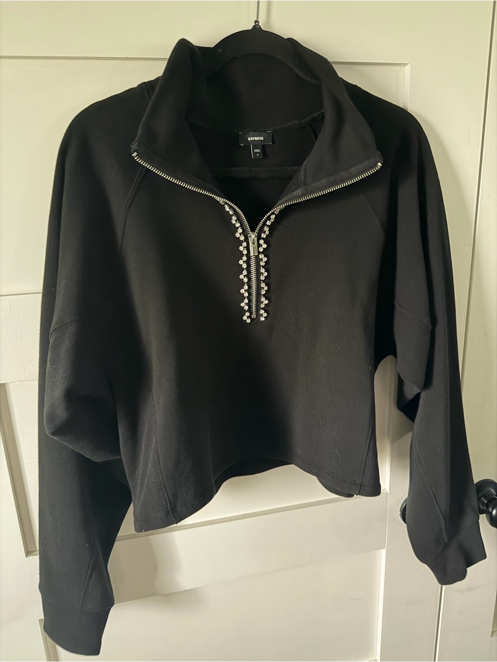 Express Black Cropped Half-Zip Sweatshirt with Rhinestone Trim